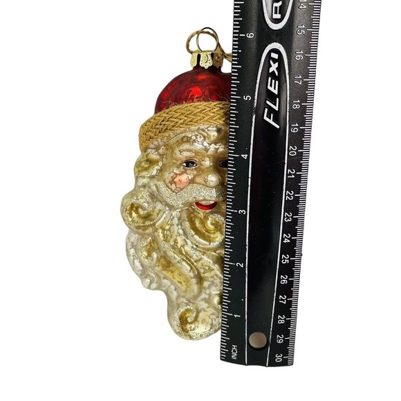 JUMBO 6 Inch Blown Glass Santa Face With Brass Tone Bell Christmas Ornament - Picture 9 of 13